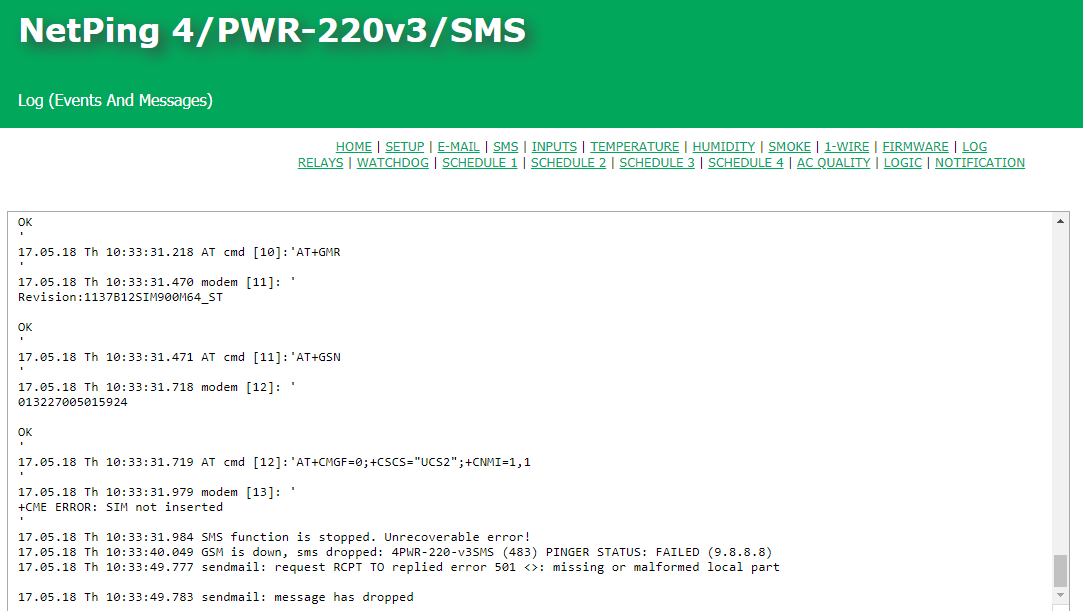 System log of a NetPing 4PWR-220 v4SMS device