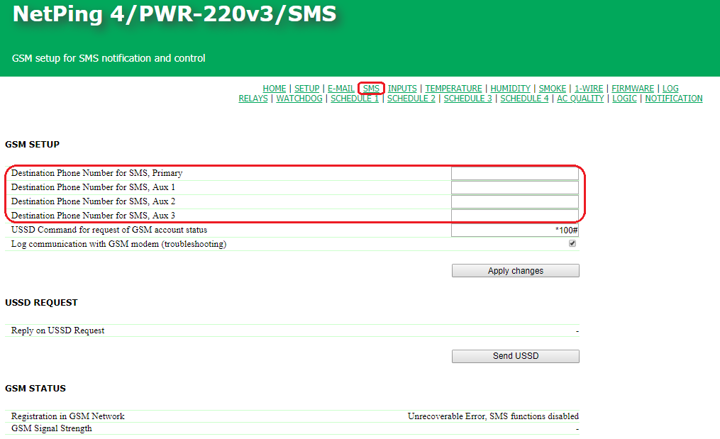 Configuring a destination phone number to send SMS notifications from a NetPing device