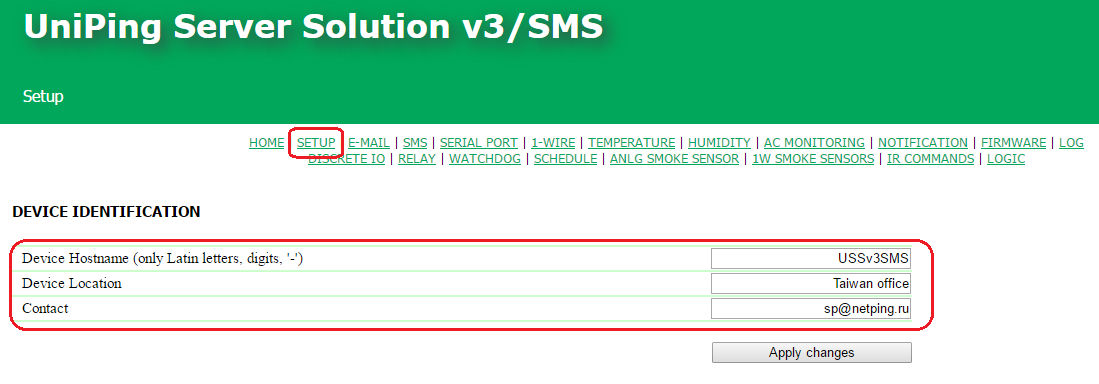 Configuring a general information about the device UniPing server solution v3SMS