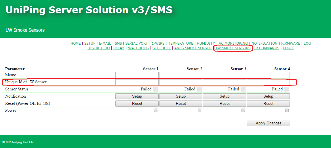 Page of 1-wire smoke sensors in a web interface of a UniPing server solution v3SMS device