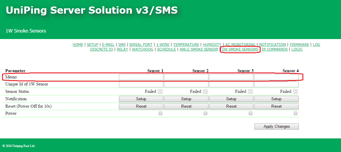 Description of 1-wire smoke sensors in a web interface of a UniPing server solution v3SMS device