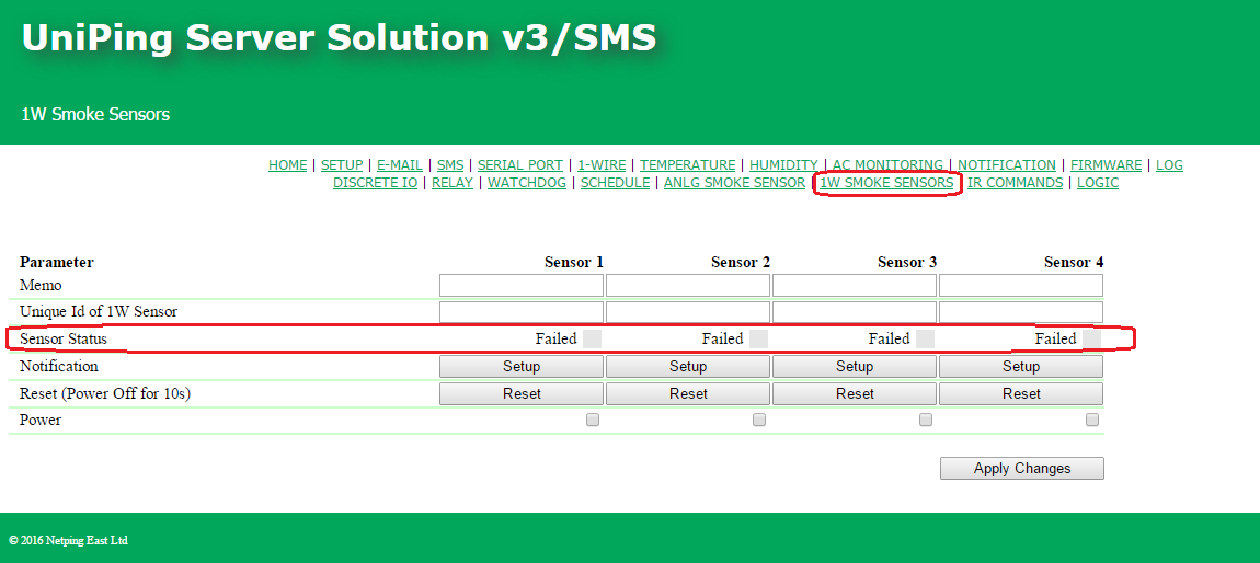 Current status of 1-Wire smoke sensors in a UniPing server solution v3SMS device