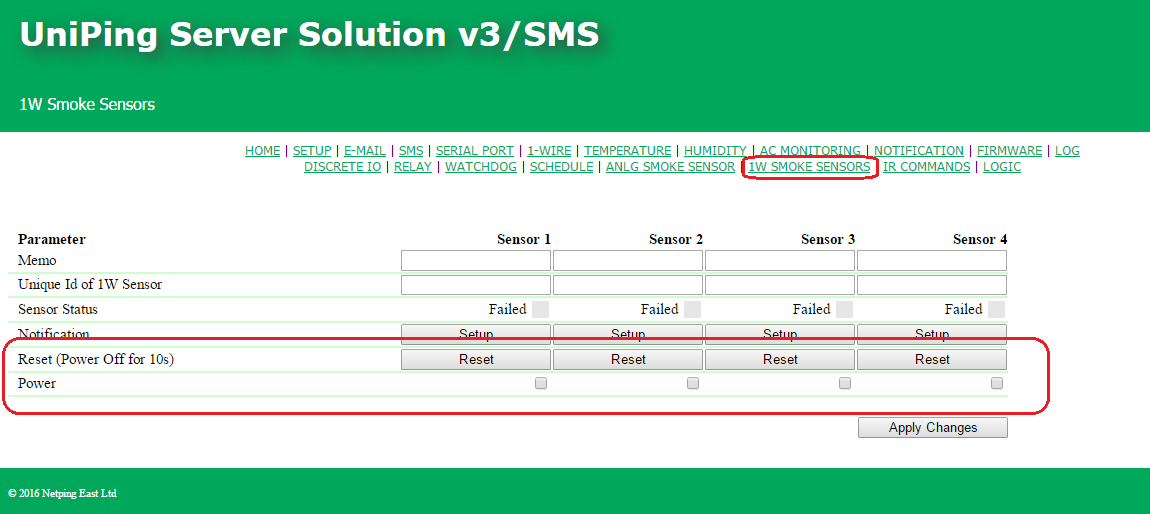 Resetting 1-Wire smoke sensors in a UniPing server solution v3SMS device